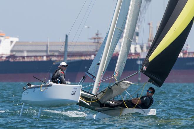 Kiwis Olivia MacKay and Micah Wilkinson. She was the highest placed female skipper and overall they were third, 10 points astern of the winners. - Pinkster Gin 2017 F18 Australian Championship ©  Alex McKinnon Photography http://www.alexmckinnonphotography.com